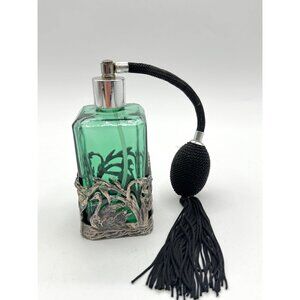 Vintage Green Art Glass Empty Automizer Perfume Bottle Silver Ducks Overlay Dres